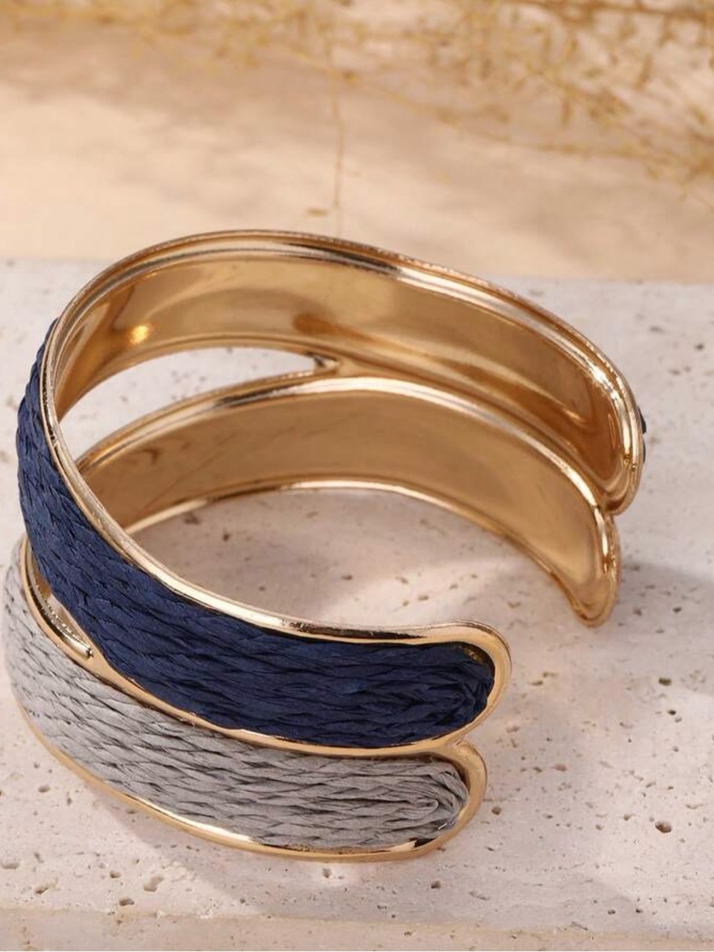 Gold-Tone Navy and Light Blue Woven Cuff Bracelet - Picture 4 of 9